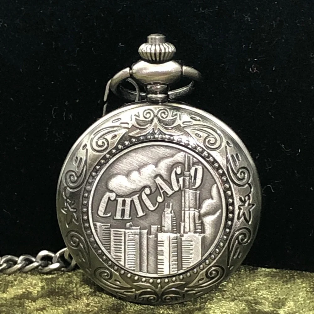 Silver Tone Pocket Watch with Chain - Chicago NWOT